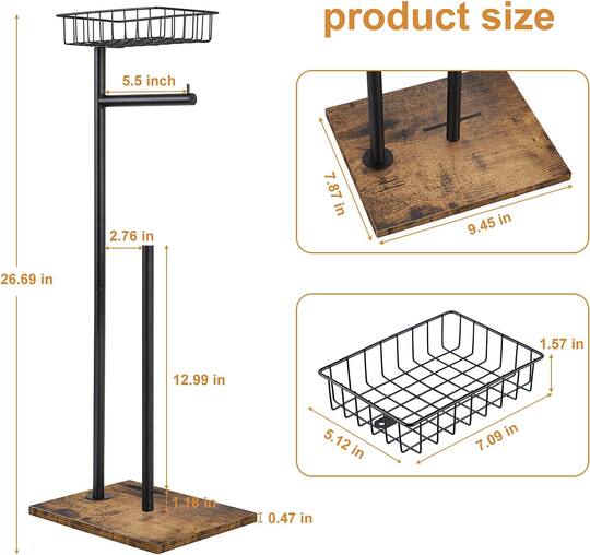 Black Freestanding Toilet Paper Holder Stand with Basket
